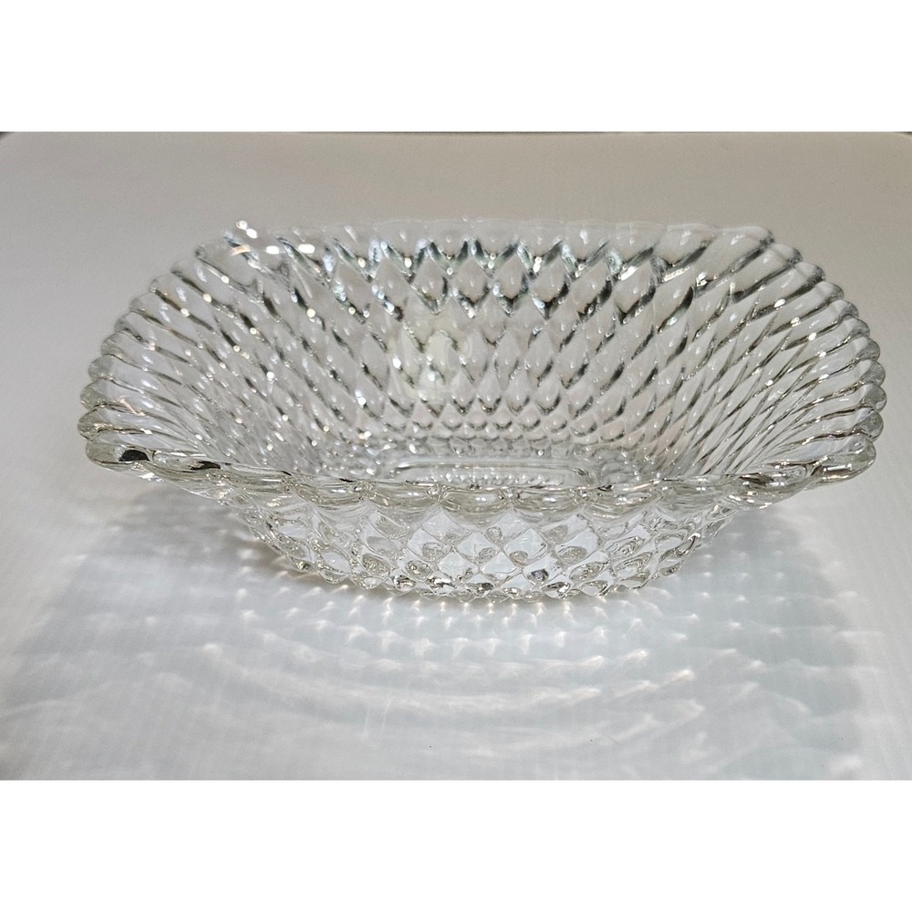 Vintage Clear Pressed Glass Diamond Point Square Bowl Scalloped